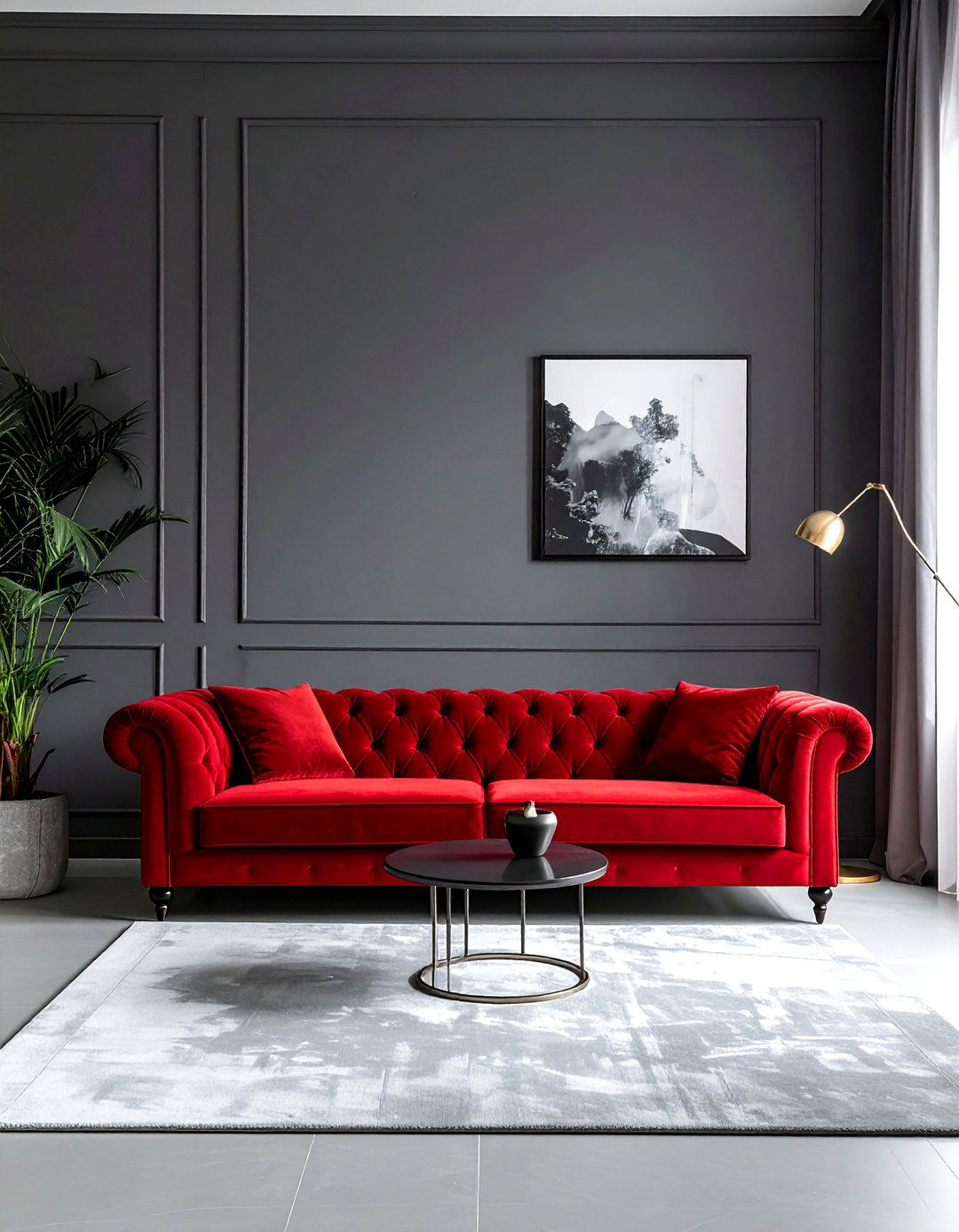 Charcoal Grey Walls with a Red Velvet Sofa - 25 Red and Grey Living Room Ideas for a Modern Look