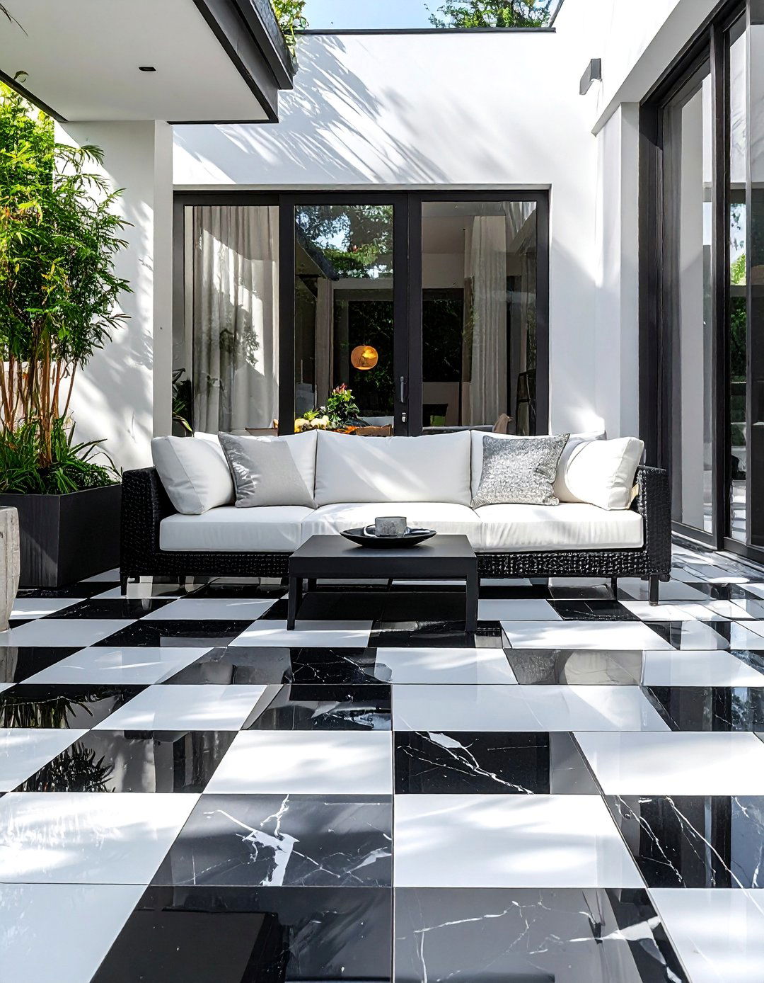 Checkerboard Black and White Patio Floor - 20 Black and White Patio Ideas for Stylish Outdoor Spaces
