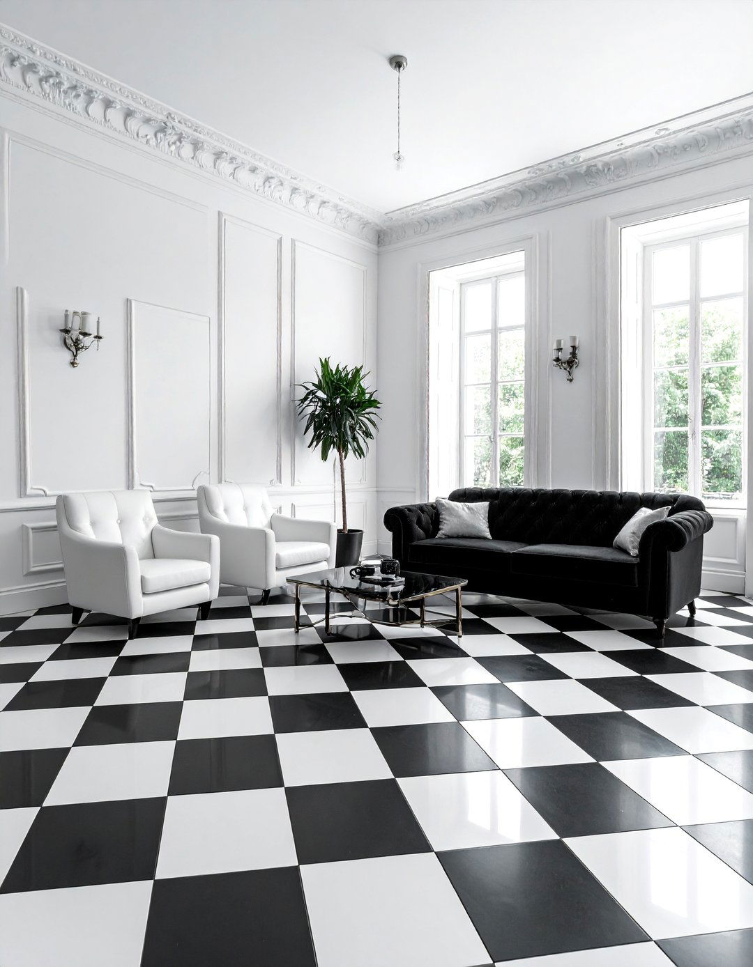 Checkerboard Floor in a Black and White Living Room - 30 Black and White Living Room Ideas for Timeless Style