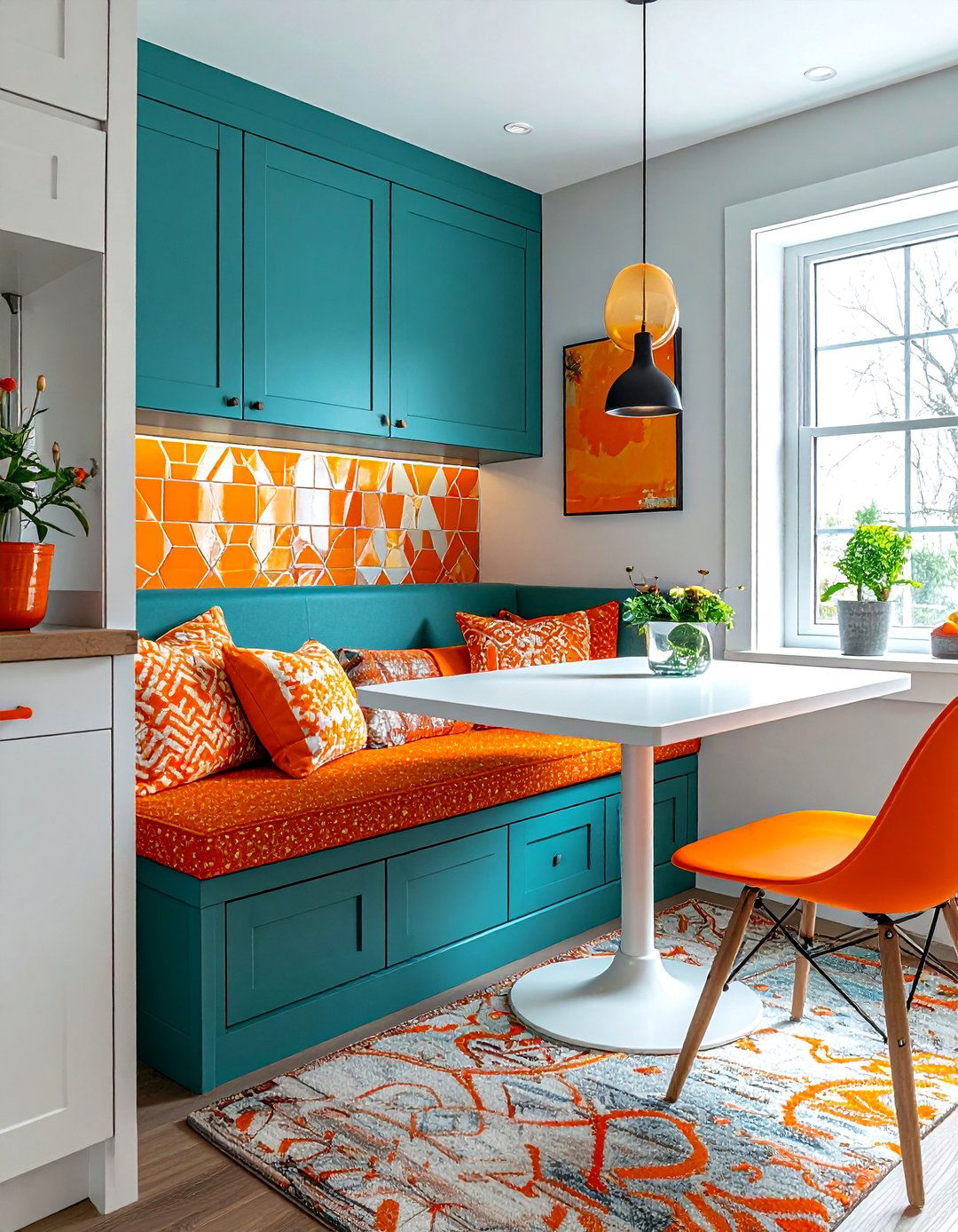 Cheerful Breakfast Nook - 20 Teal and Orange Color Scheme Ideas for Your Rooms