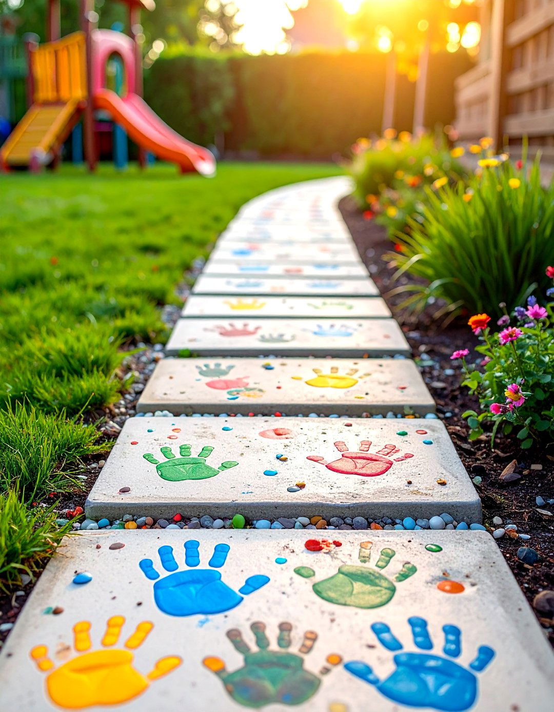 Childrens Handprint Stepping Stone Walkway - 30 Unique Stepping Stone Walkway Ideas for Your Yard