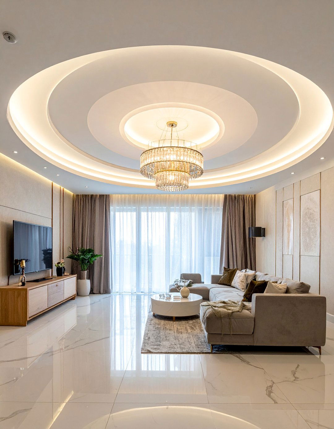 Circular Drop Ceiling with Halo Effect - 20 Living Room False Ceiling Design Ideas for Elegance