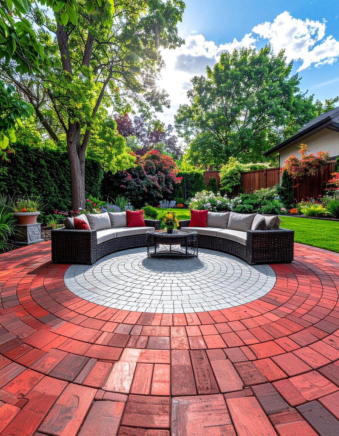 Circular Inlay Red Paver Patio - 20 Red Paver Patio Ideas for a Bold Outdoor Space