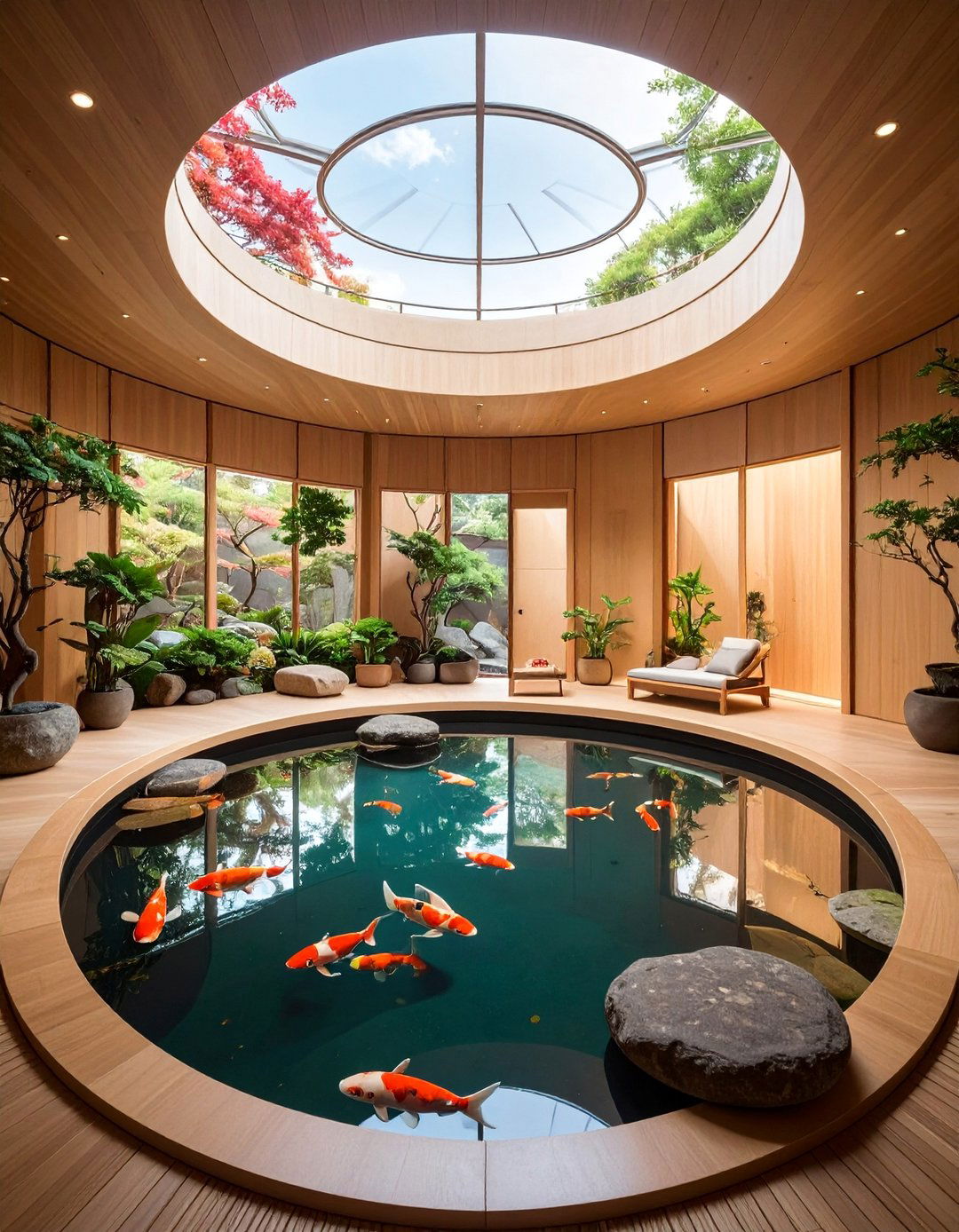 Circular Meditation Chamber Koi Pond - 20 Indoor Koi Pond Ideas for a Tranquil Home Environment