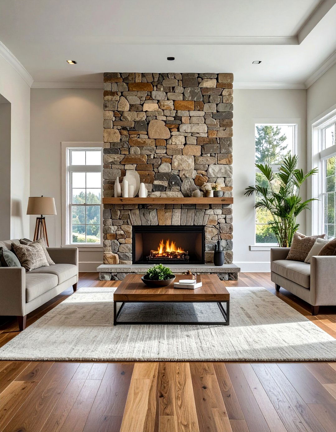 Classic Stacked Stone Fireplace Wall - 25 Stunning Two-Story Fireplace Design Ideas