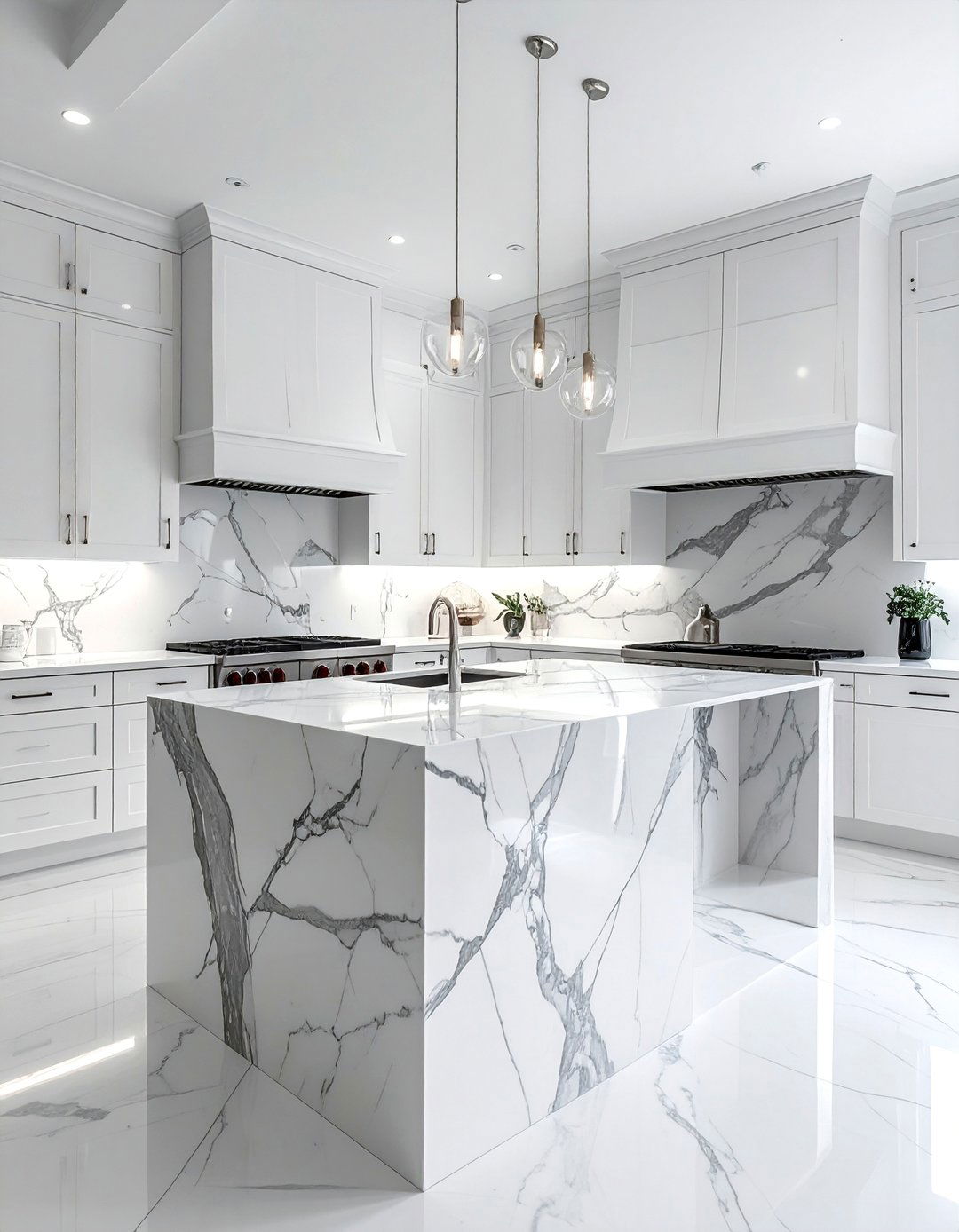 Classic White Marble Waterfall Island Design - 15 Waterfall Kitchen Island Ideas for Modern Homes
