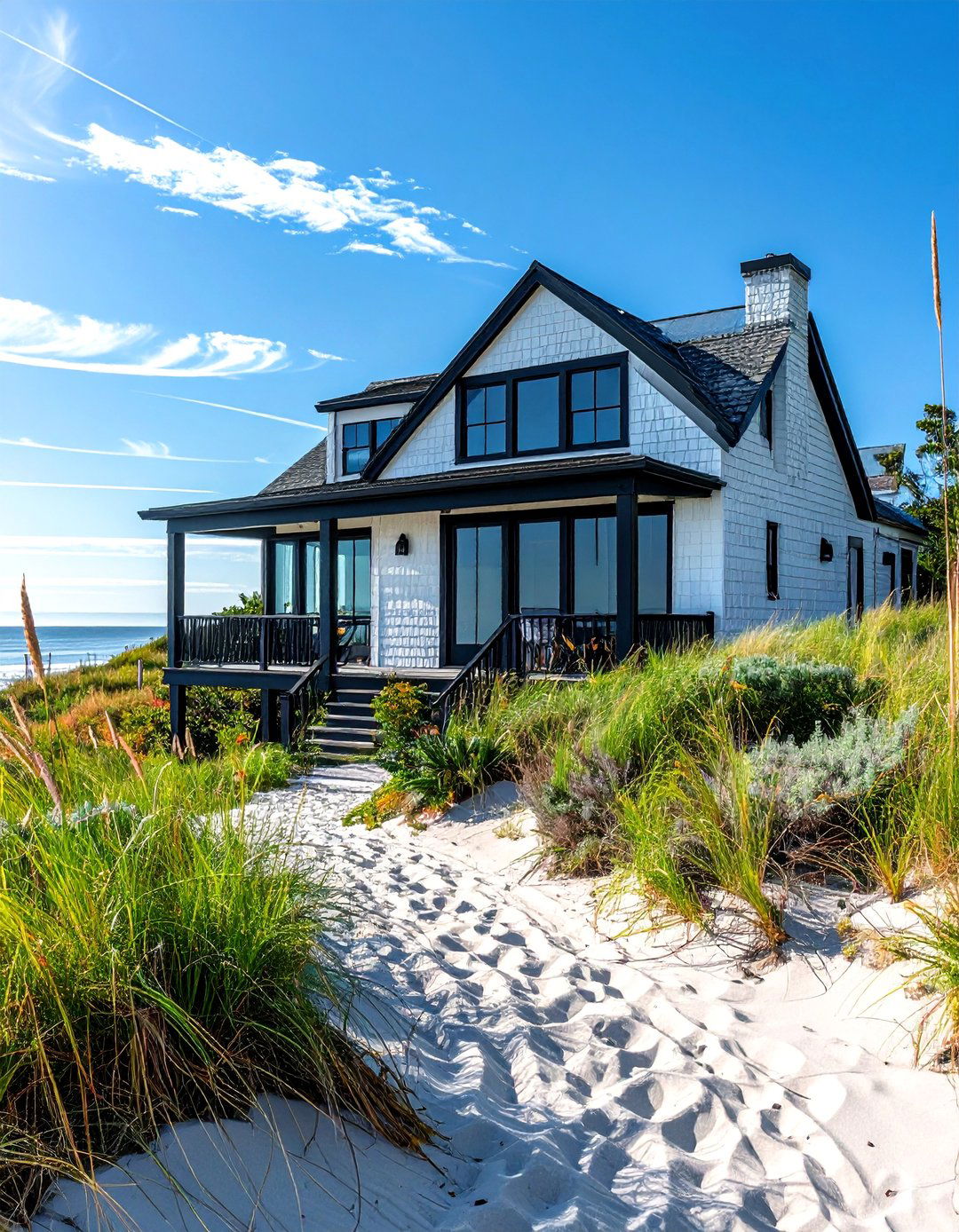 Coastal Beach Single Story White House with Black Trim - 30 Single Story White House Black Trim Designs