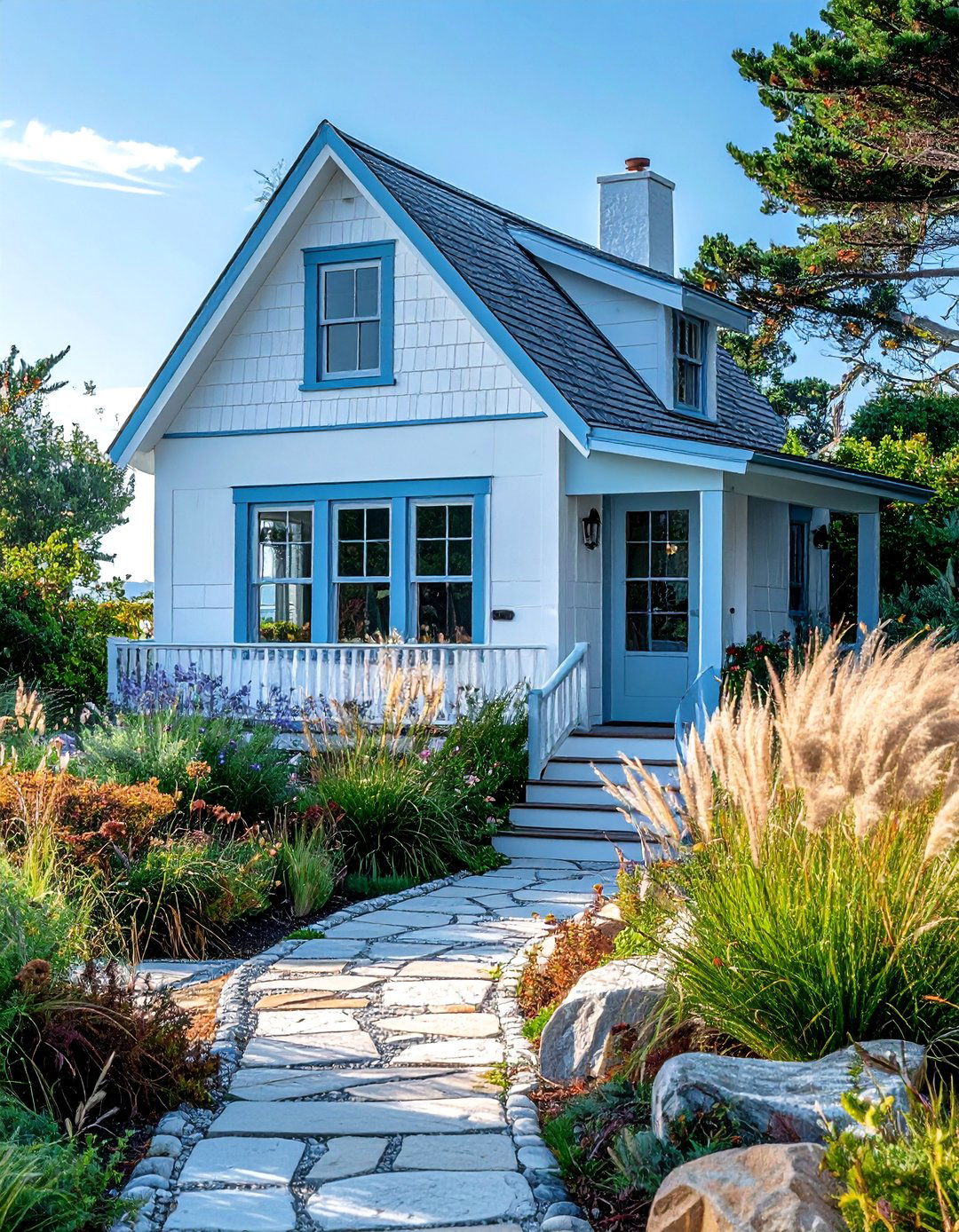 Coastal Cottage with Light Sky Blue Trim - 20 White House With Blue Trim Design Ideas for Curb Appeal
