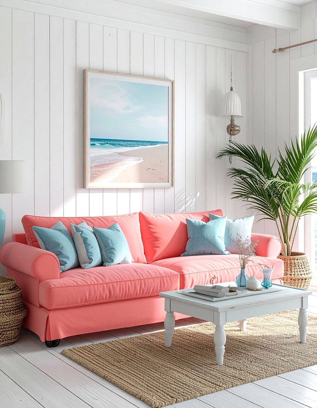 Coastal Design with a Coral Pink Couch - 20 Pink Couch Living Room Ideas for a Bold Look