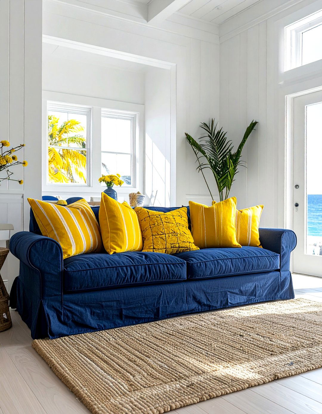 Coastal Living Room with Navy and Dandelion Yellow - 15 Yellow and Blue Living Room Ideas for Cheer