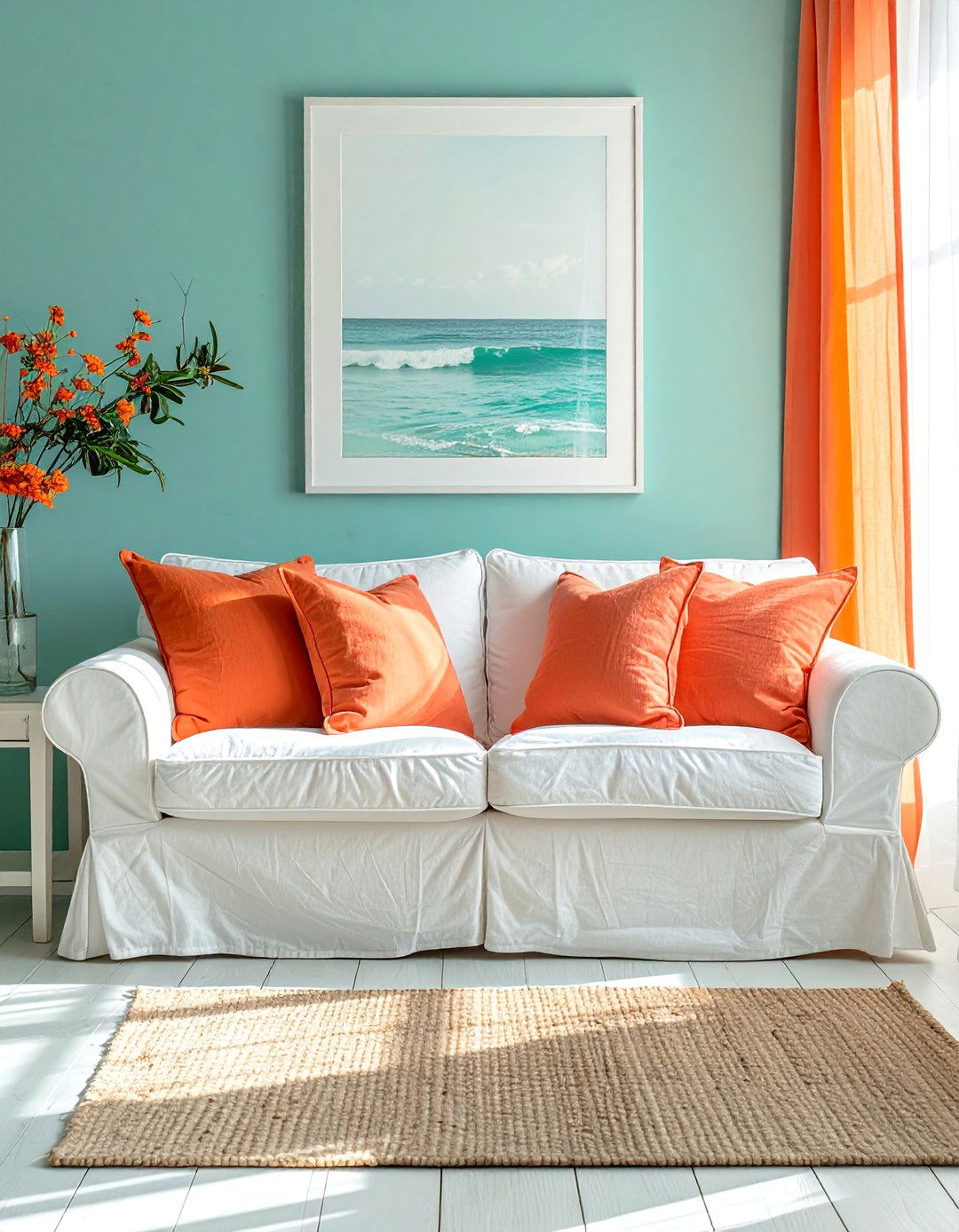 Coastal Living Space with Muted Teal and Coral - 20 Teal and Orange Color Scheme Ideas for Your Rooms