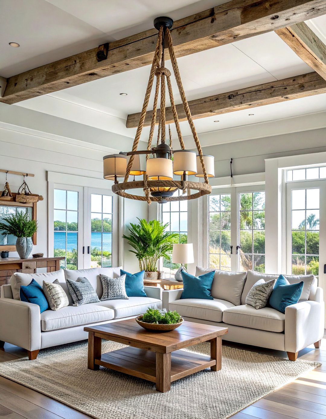 Coastal Rope and Driftwood Chandelier - 30 Living Room Chandelier Ideas for Elegant Spaces