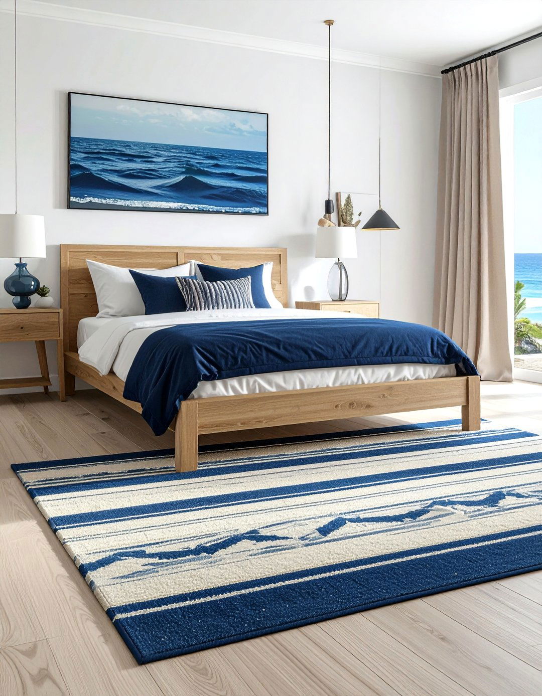 Coastal Striped Rug in an Ocean themed Bedroom - 40 Ocean-themed Bedroom Ideas for a Serene Retreat