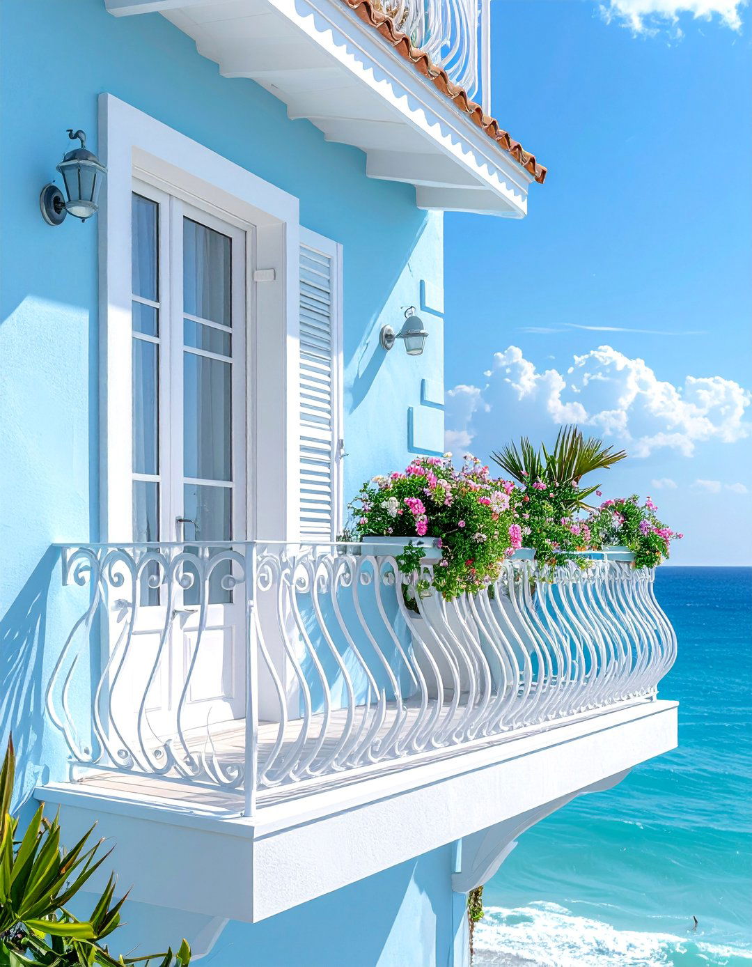 Coastal Theme French Balcony with Marine Motifs - 25 French Balcony Ideas for a Charming Outdoor Space