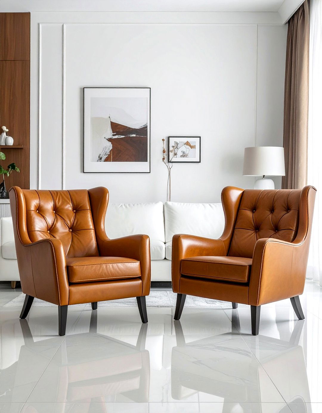 Cognac Leather Armchairs for a Pop of Color - 30 Brown and White Living Room Ideas for a Warm Look