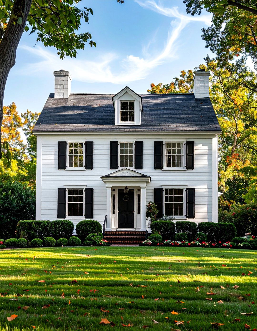 Colonial Revival Single Story White House with Black Trim - 30 Single Story White House Black Trim Designs