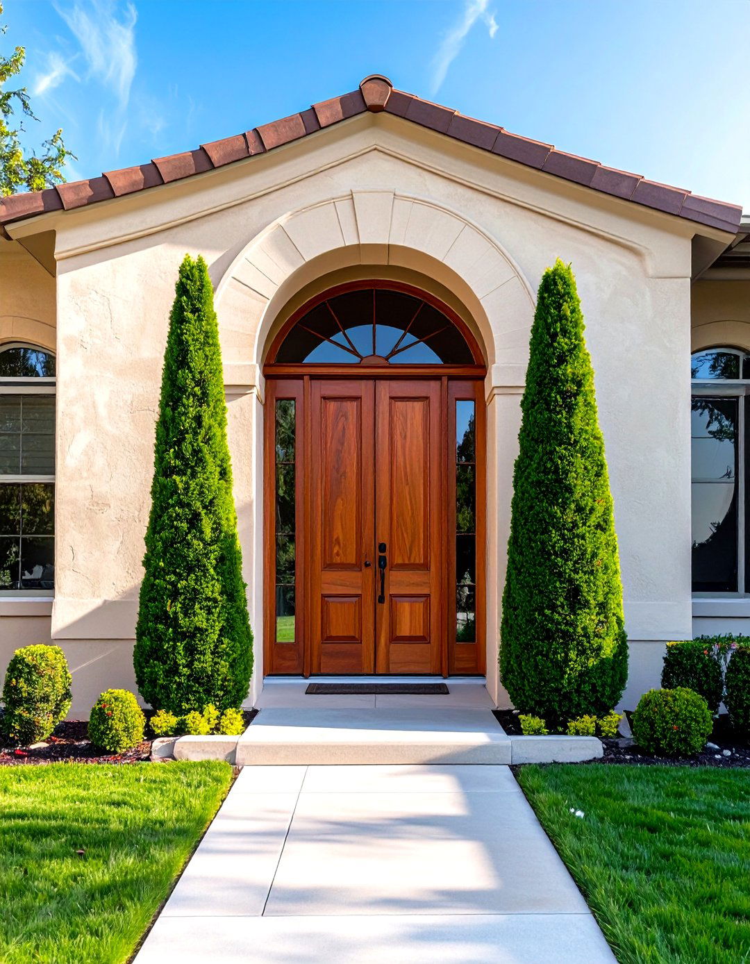 Columnar Boxwood Shrubs Framing a Doorway - 20 Front Yard Boxwood Shrubs for Elegant Landscaping
