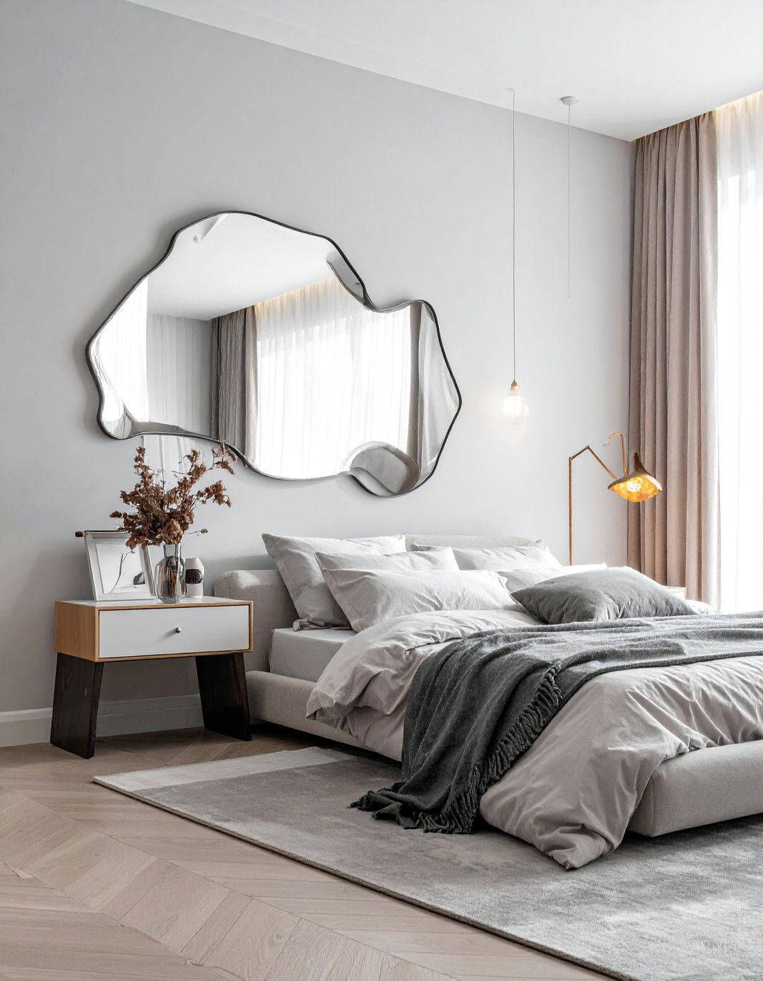 Contemporary Asymmetrical Mirrors - 30 Mirror Behind Nightstand Ideas for Stylish Bedrooms