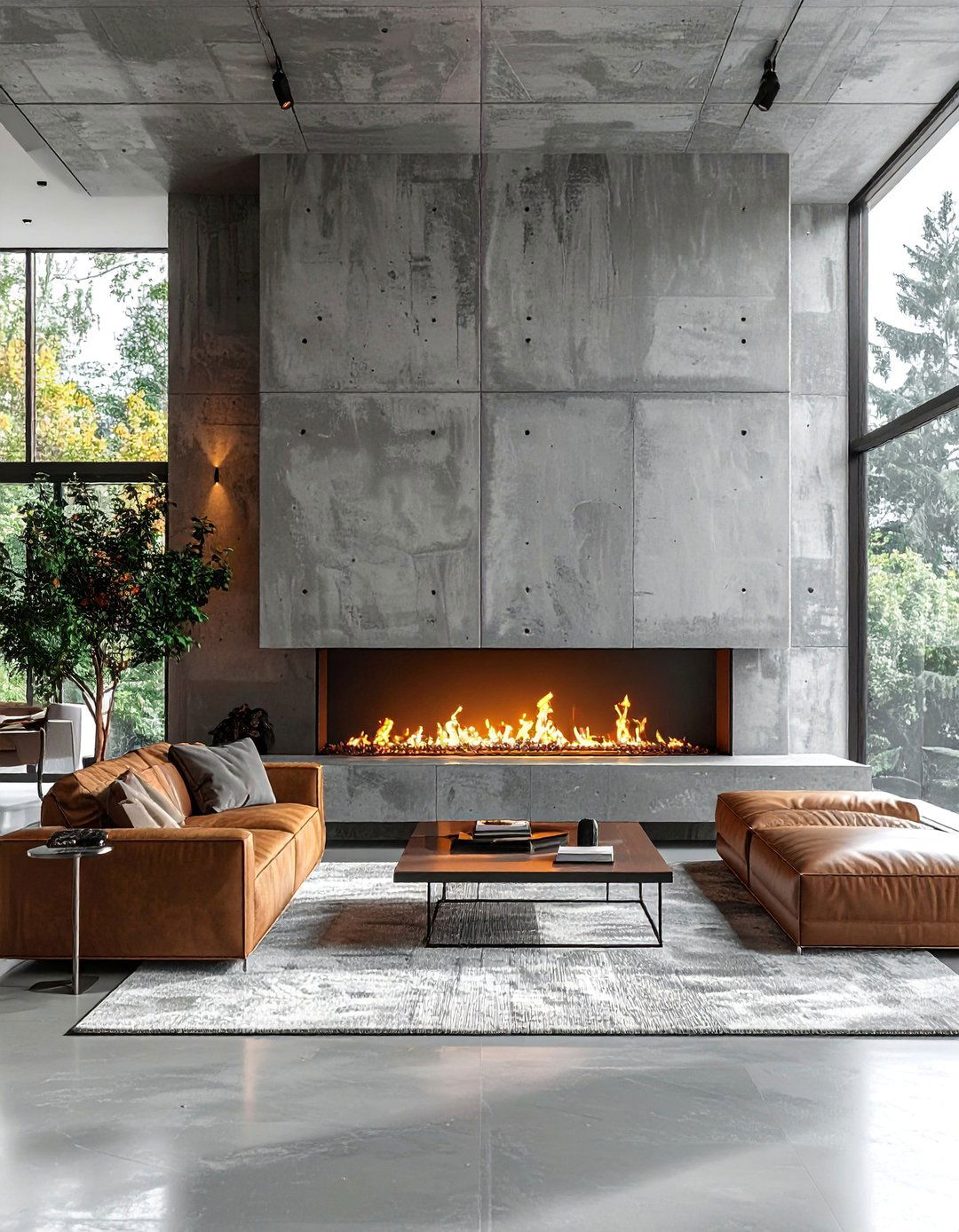 Contemporary Concrete Fireplace Wall - 25 Stunning Two-Story Fireplace Design Ideas