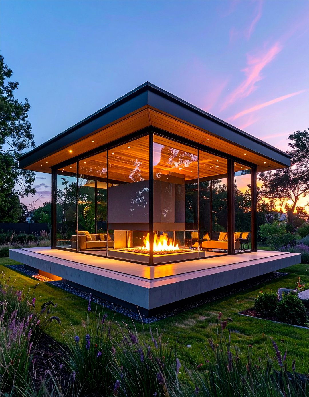 Contemporary Glass Pavilion with Linear Fireplace - 25 Gazebo With Fireplace Ideas for Cozy Outdoor Living