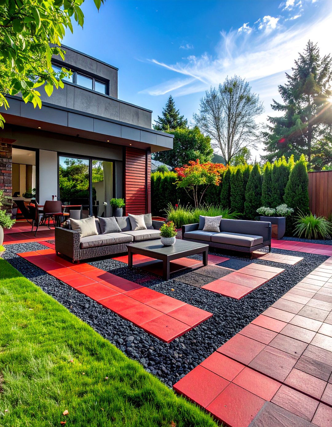 Contemporary Red Paver Patio with Wide Joints - 20 Red Paver Patio Ideas for a Bold Outdoor Space