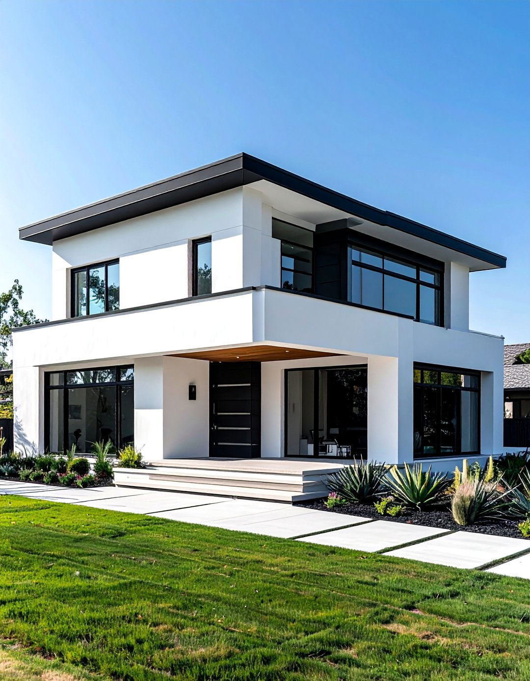 Contemporary Single Story White House with Black Trim - 30 Single Story White House Black Trim Designs