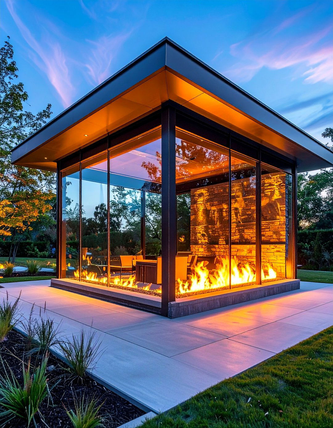 Contemporary Steel and Glass with Fire Wall - 25 Gazebo With Fireplace Ideas for Cozy Outdoor Living