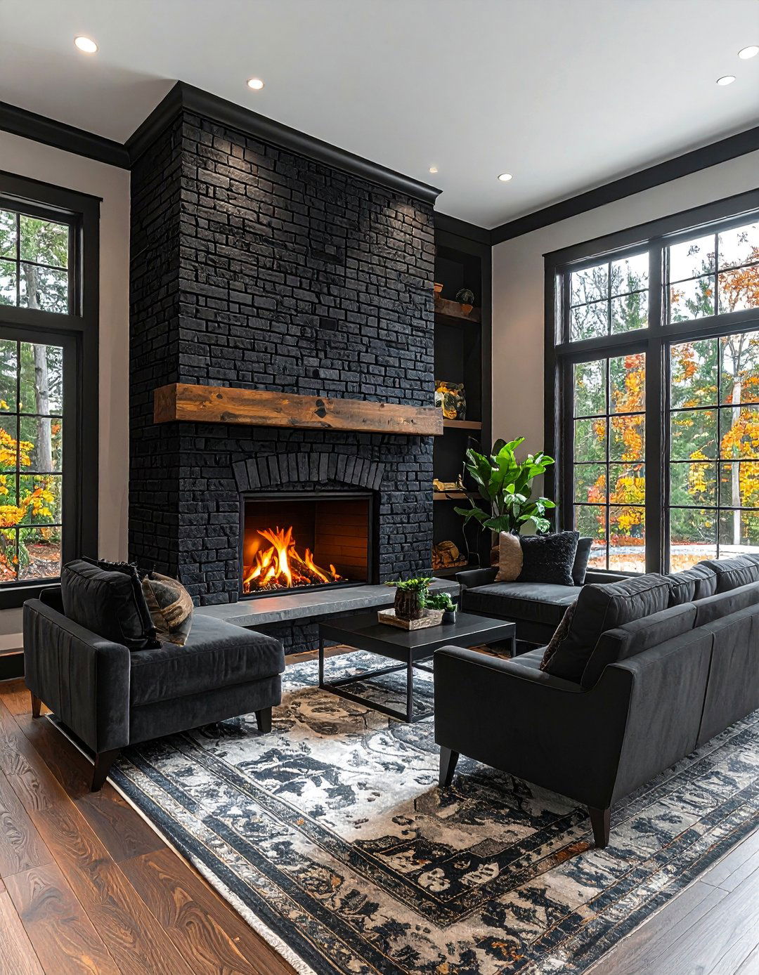 Corner Black Brick Fireplace Design - 30 Black Brick Fireplace Ideas to Elevate Your Space