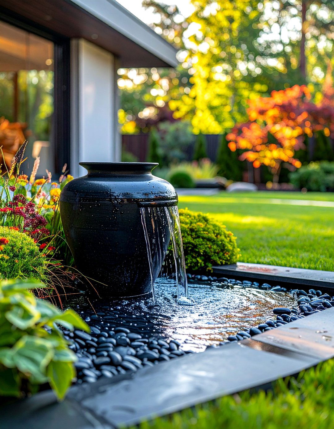 Corner Landscaping with a Bubbling Urn Fountain - 30 Corner Landscaping Ideas for a Beautiful Yard