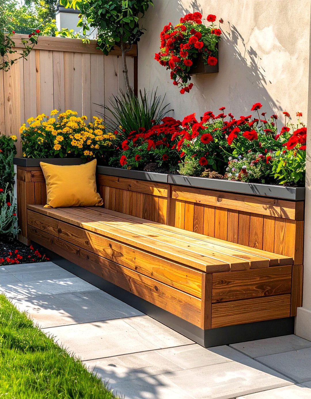 Corner Landscaping with a Built in Bench and Planter Boxes - 30 Corner Landscaping Ideas for a Beautiful Yard