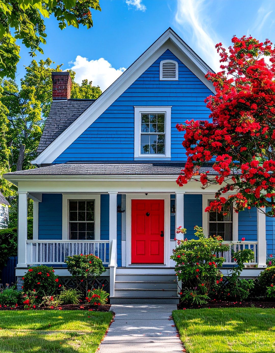 Cornflower Blue Siding with a Red Door - 30 Blue Exterior House Paint Ideas for Curb Appeal