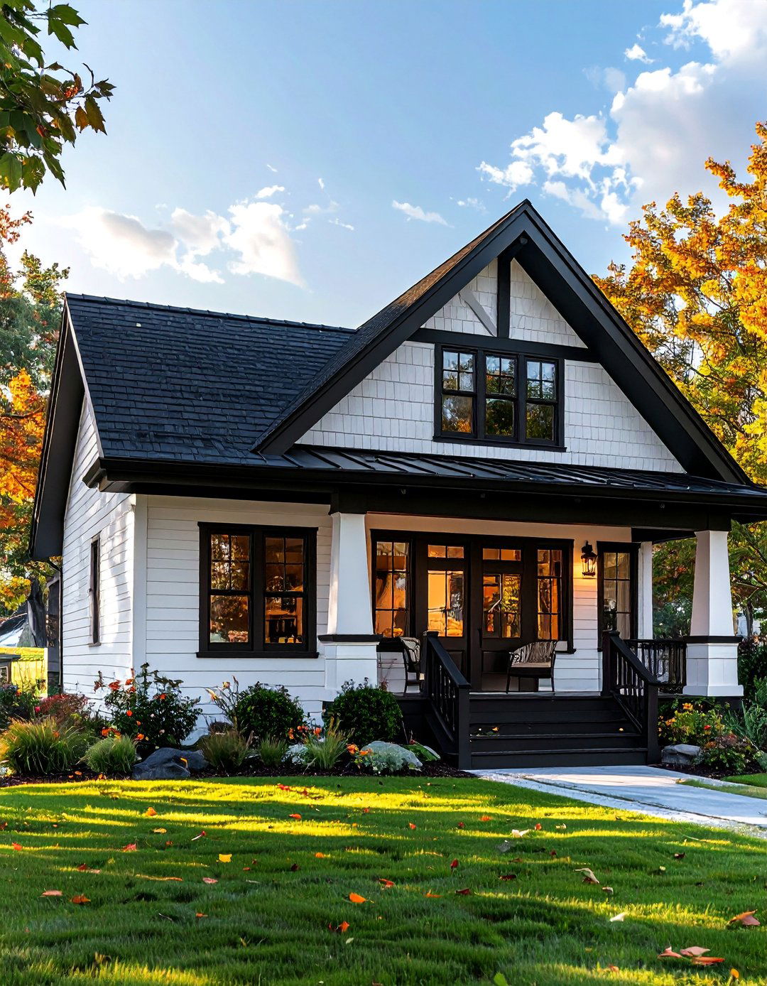 Craftsman Bungalow Single Story White House with Black Trim - 30 Single Story White House Black Trim Designs