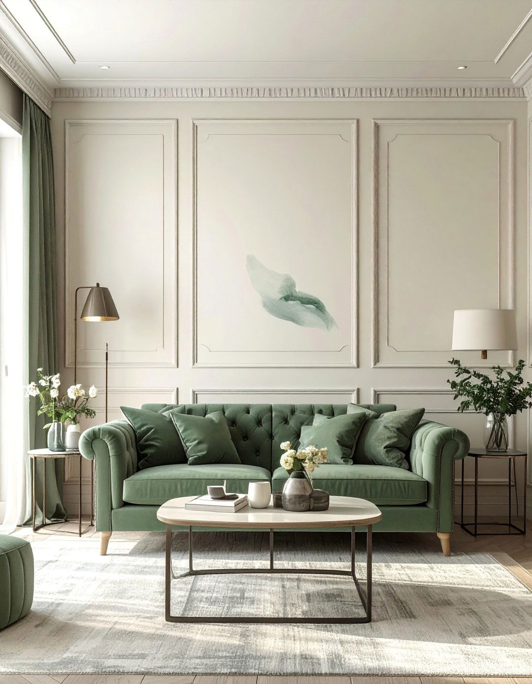 Cream Walls with Sage Green Trim - 25 Sage Green and Cream Living Room Ideas