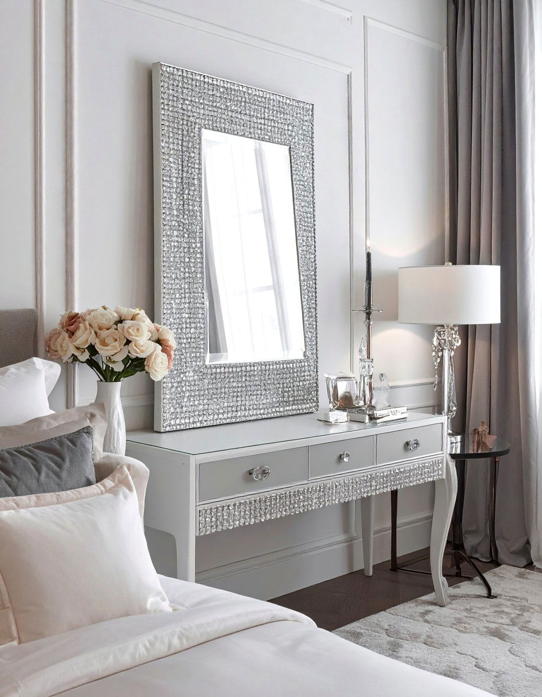 Crystal Encrusted Glamour Mirrors - 30 Mirror Behind Nightstand Ideas for Stylish Bedrooms