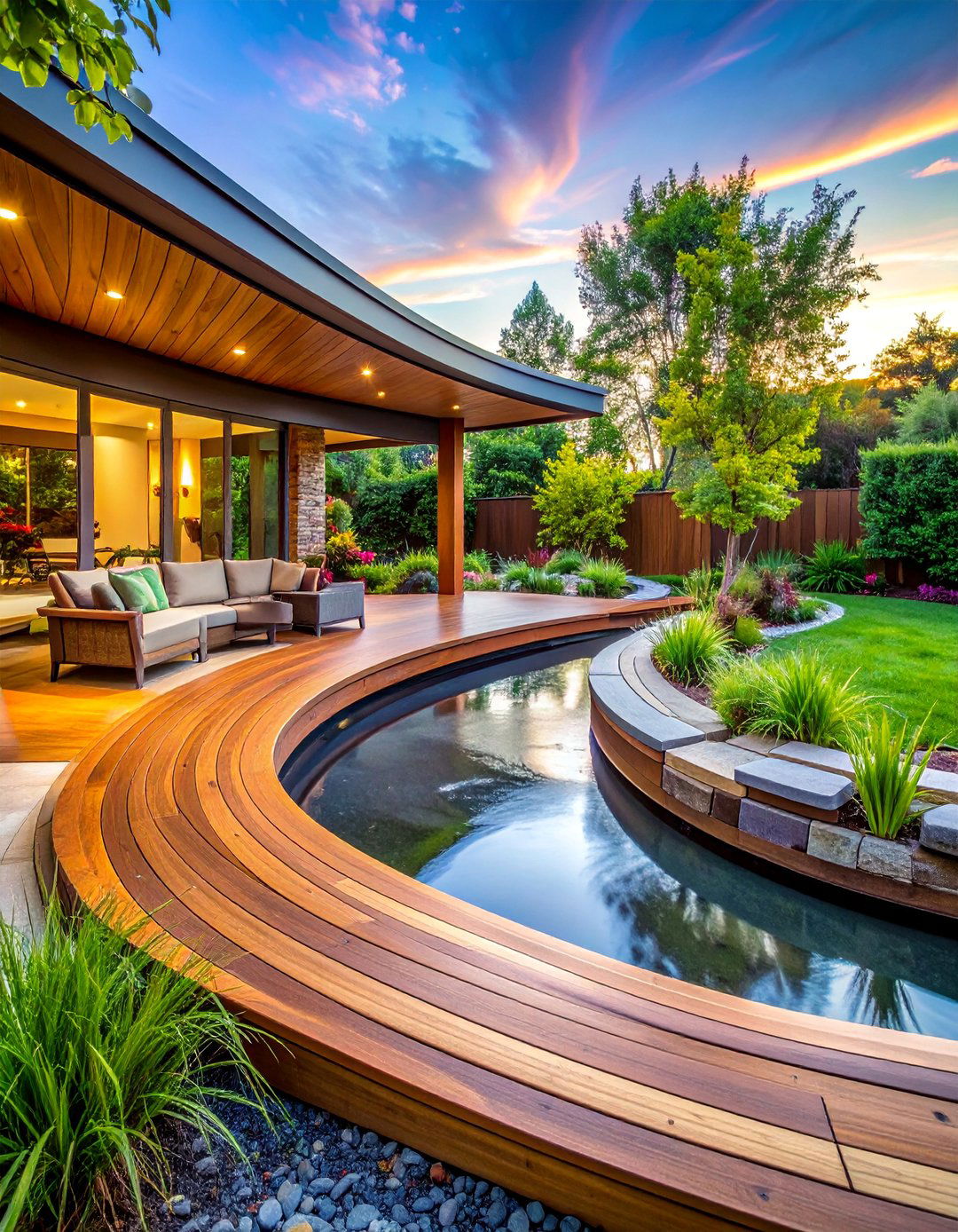 Curved Deck Design with Water Features - 30 Patio Deck Ideas to Elevate Your Outdoor Living