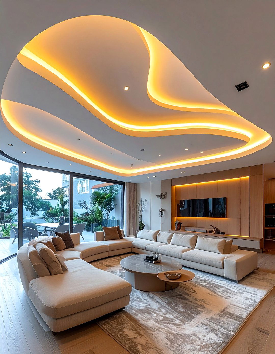 Curved False Ceiling with Flowing Lines - 20 Living Room False Ceiling Design Ideas for Elegance