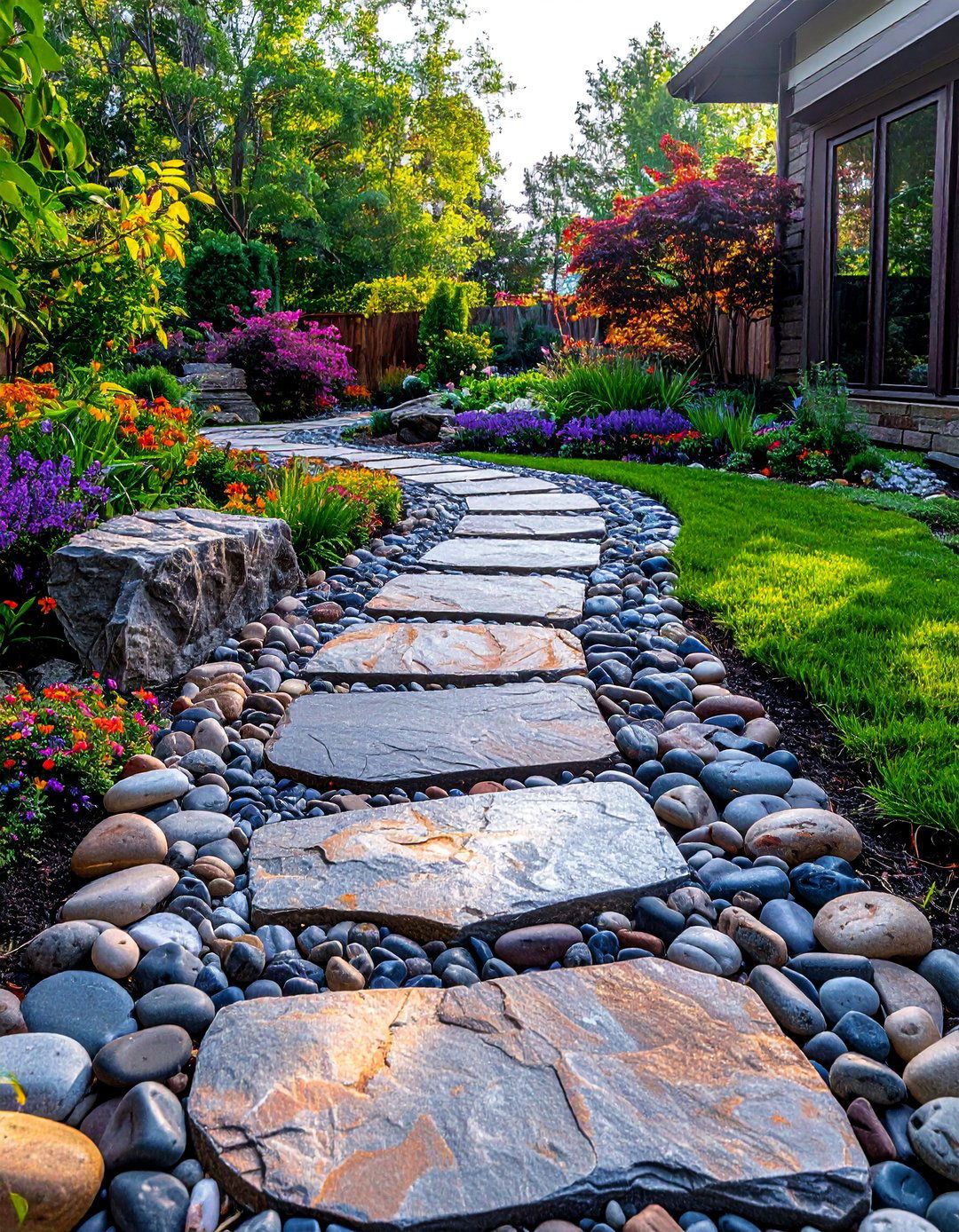 Curved River Rock Border Stepping Stone Walkway - 30 Unique Stepping Stone Walkway Ideas for Your Yard
