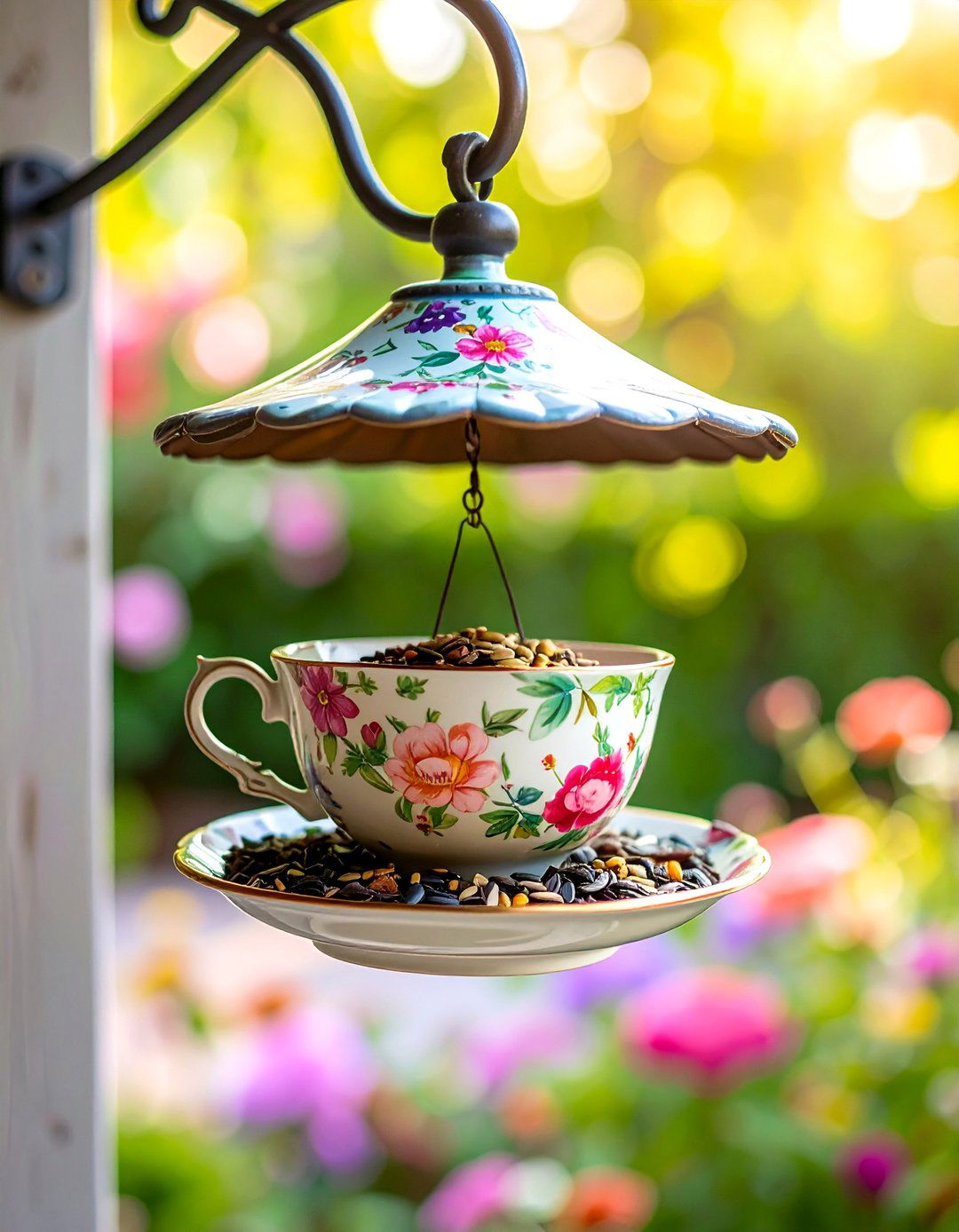 DIY Bird Feeder from a Teacup - 40 Small Patio Ideas on a Budget for Cozy Outdoor Living