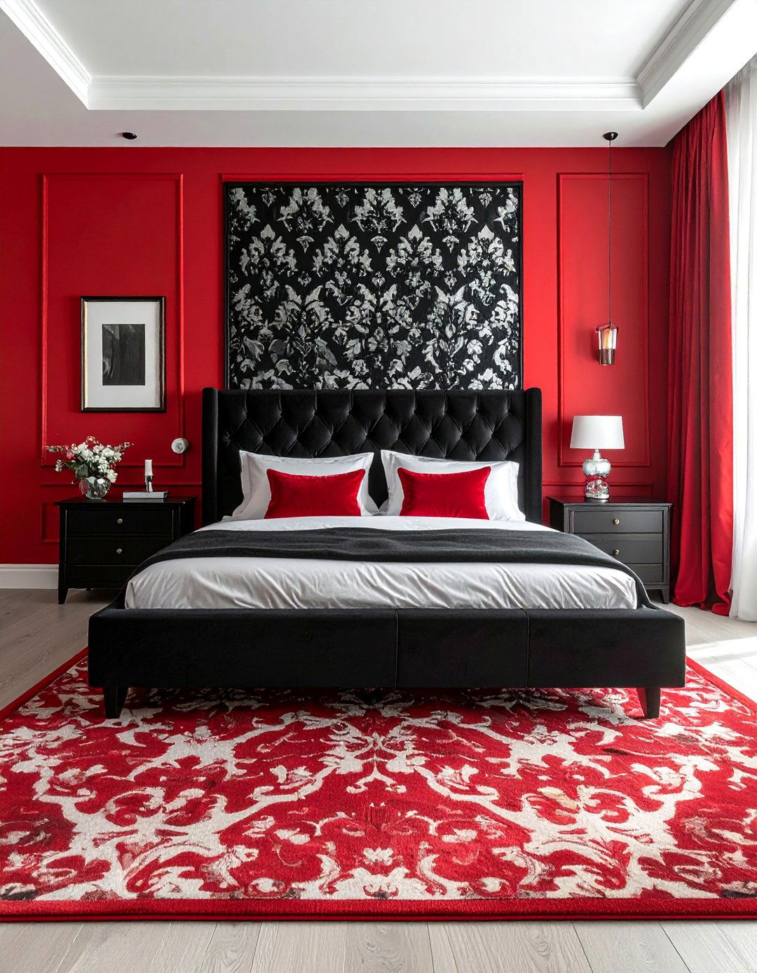 Damask Print Accents - 25 Red, Black, and White Bedroom Ideas for Bold Style