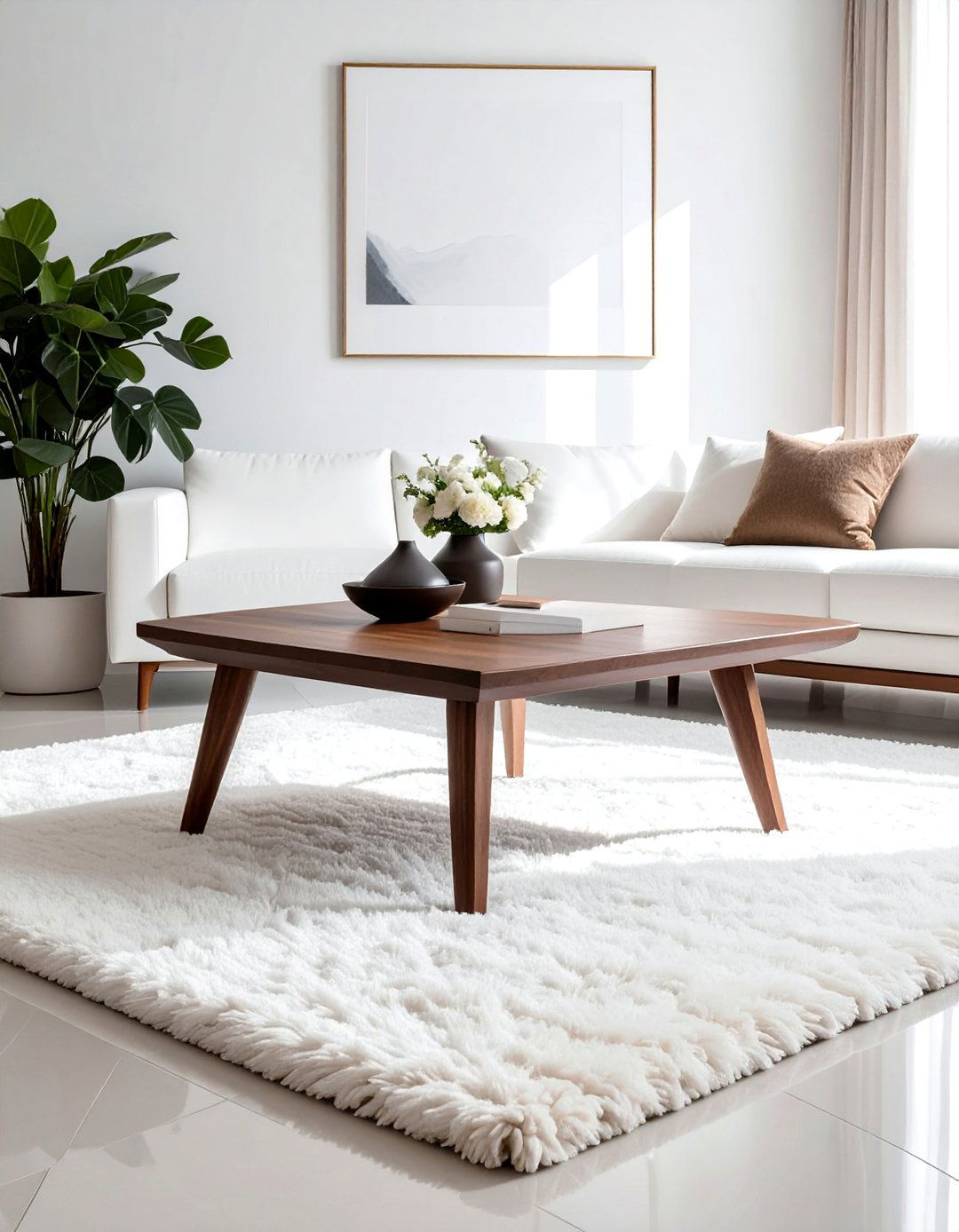 Dark Brown Coffee Table on a White Rug - 30 Brown and White Living Room Ideas for a Warm Look