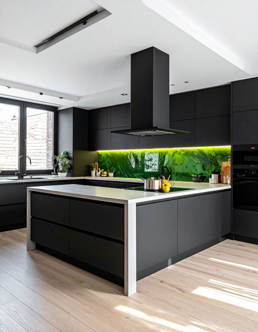 Dark Green Back Painted Glass Backsplash - 30 Black and Green Kitchen Ideas for a Modern Twist