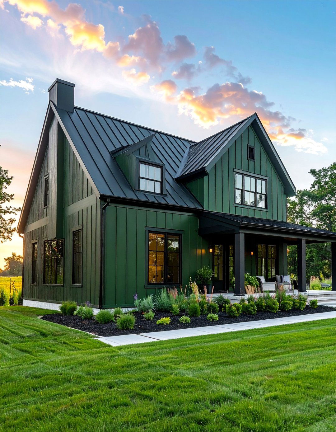 Dark Green Board and Batten Farmhouse - 25 Farmhouse Green Exterior Home Ideas for Curb Appeal
