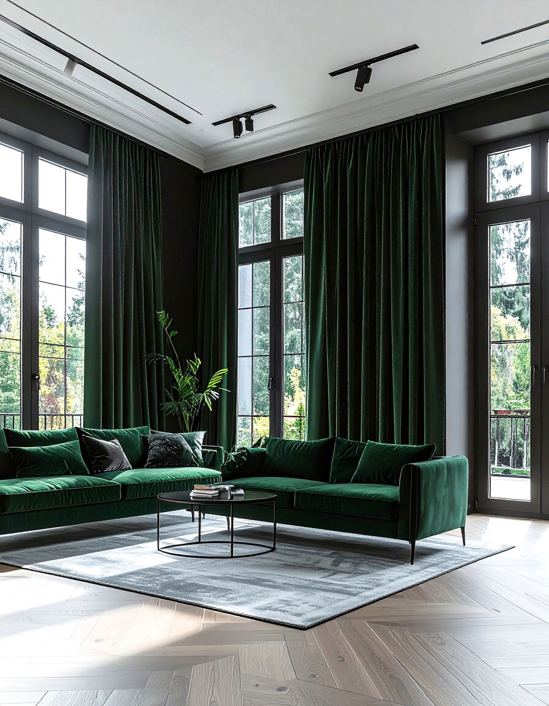 Dark Green Curtains Framing Black Windows - 30 Black and Green Living Room Ideas for a Luxe Feel