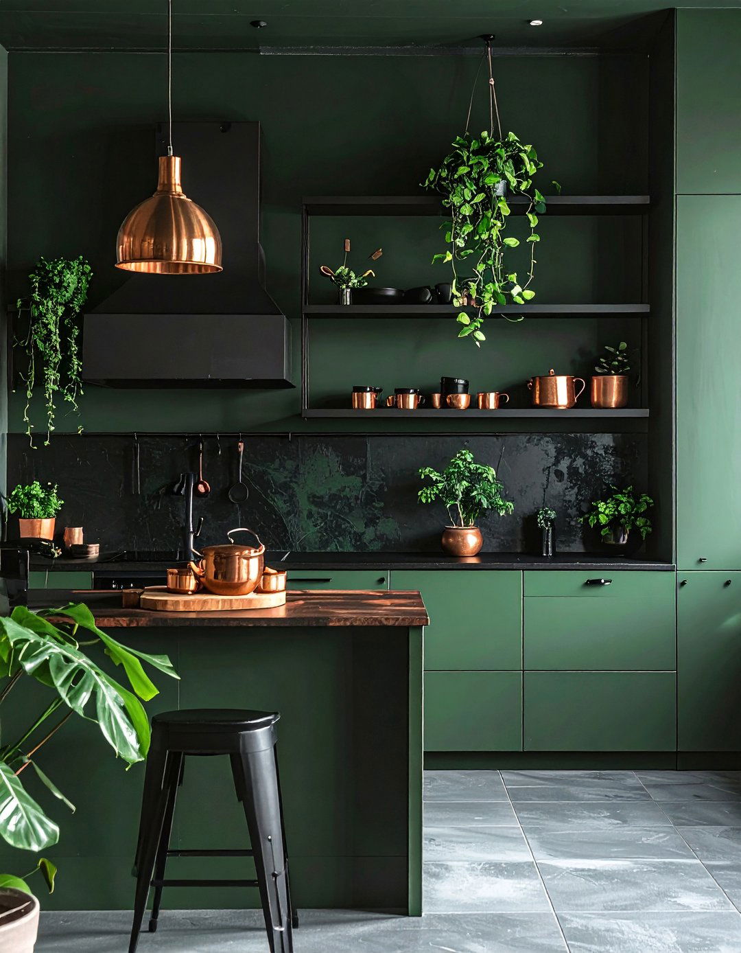 Dark Green Walls with Black Open Shelving - 30 Black and Green Kitchen Ideas for a Modern Twist