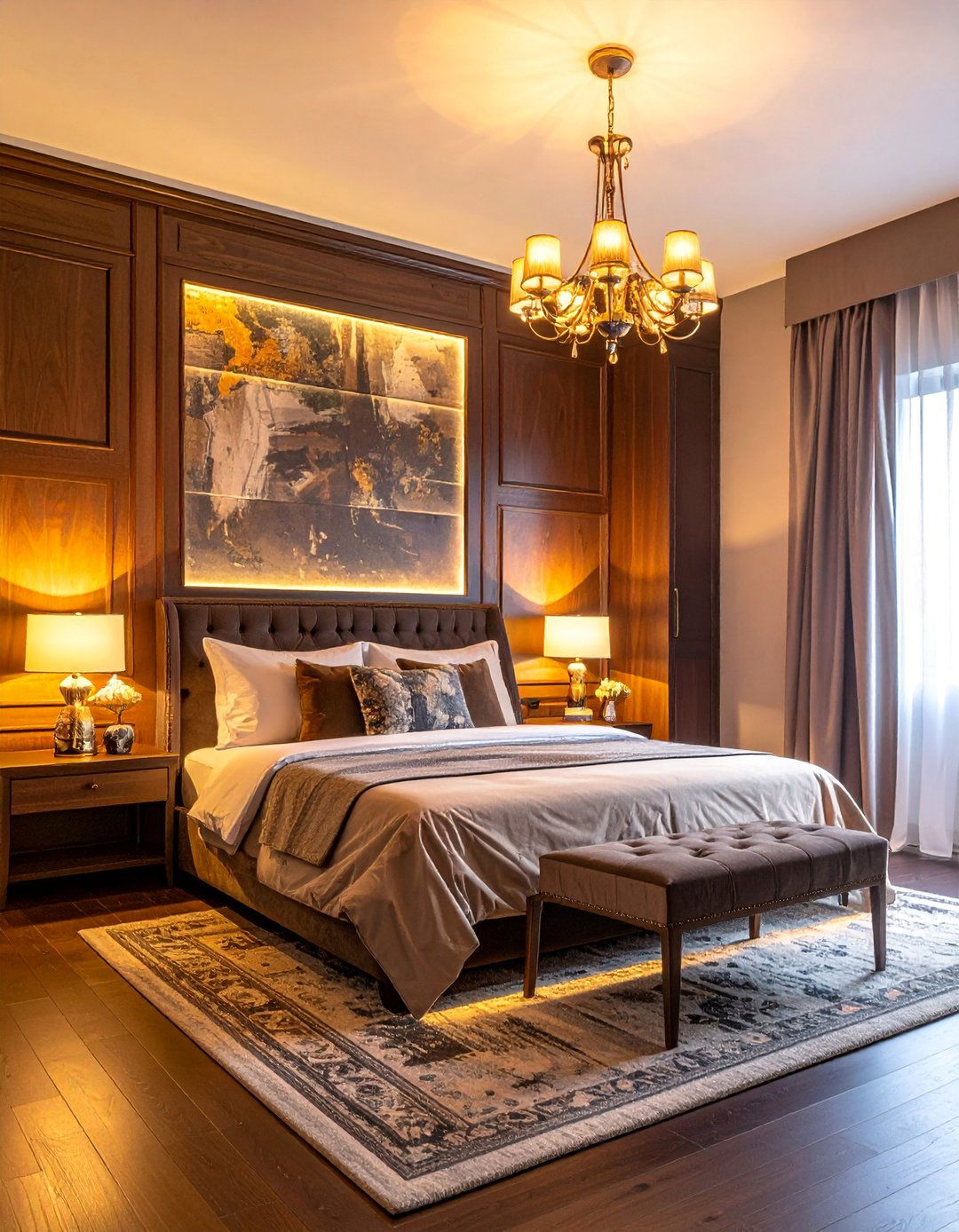Dark Wood Bedroom with Layered Lighting - 20 Dark Wood Bedroom Ideas for a Cozy Retreat