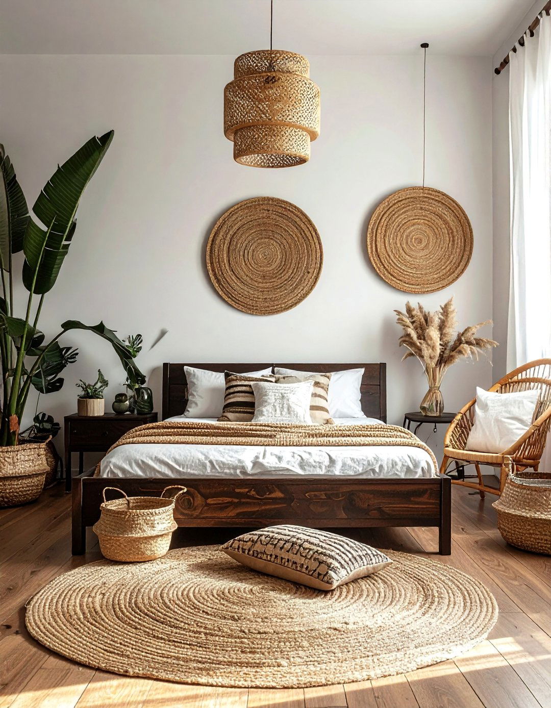 Dark Wood Bedroom with Woven Textures - 20 Dark Wood Bedroom Ideas for a Cozy Retreat