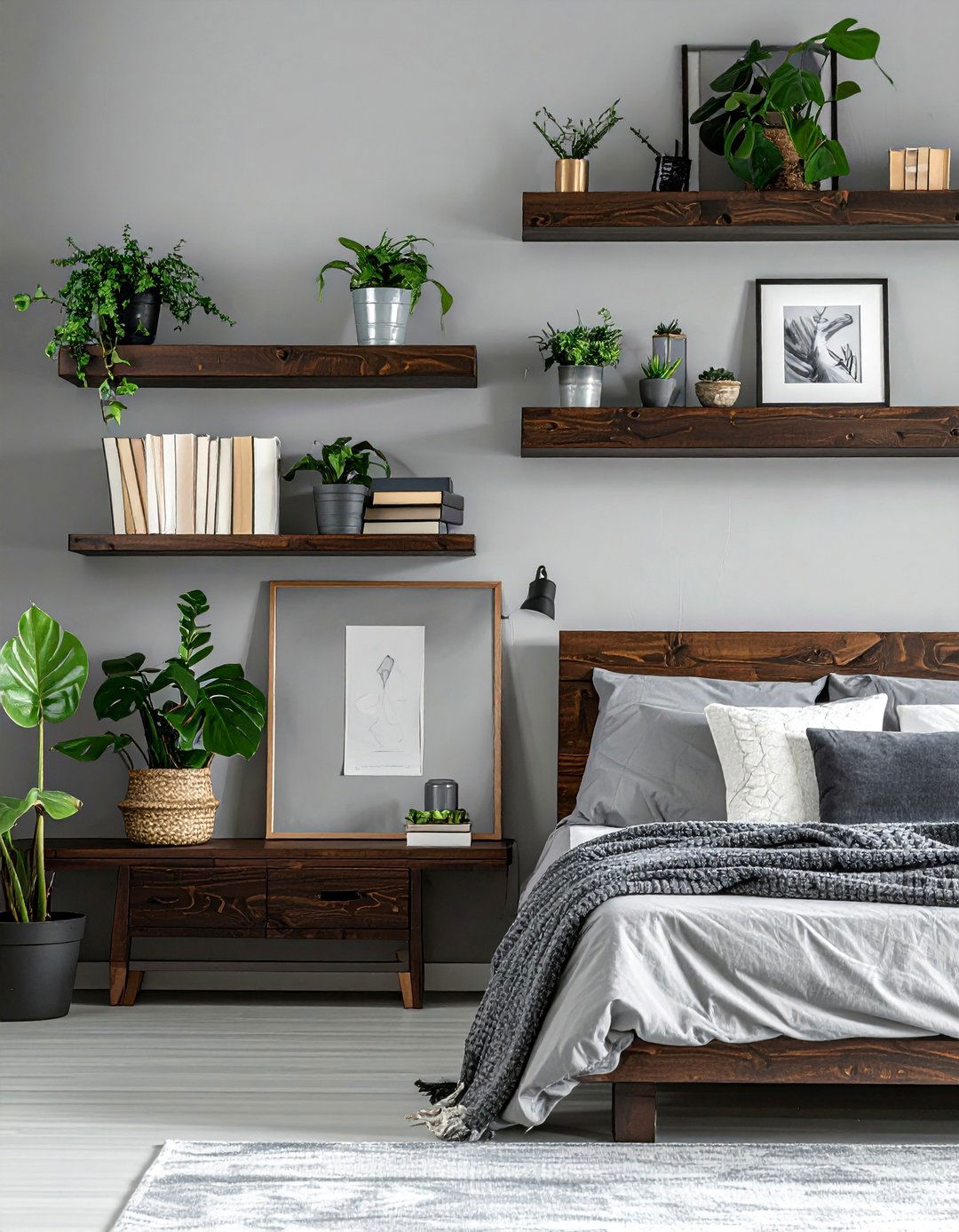 Dark Wood Floating Shelves for Display - 20 Dark Wood Bedroom Ideas for a Cozy Retreat