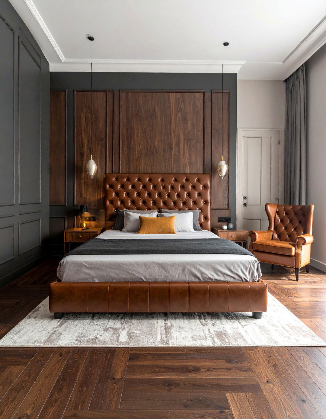 Dark Wood Furniture and Leather Accents - 20 Dark Wood Bedroom Ideas for a Cozy Retreat