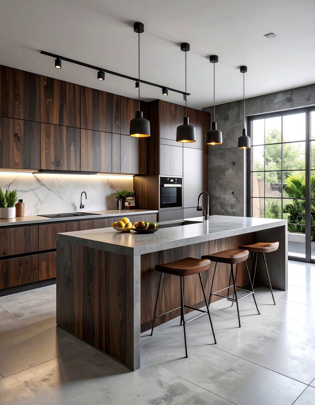 Dark Wood Kitchen Cabinets with a Concrete Countertop - 30 Dark Wood Kitchen Cabinets for a Timeless Look