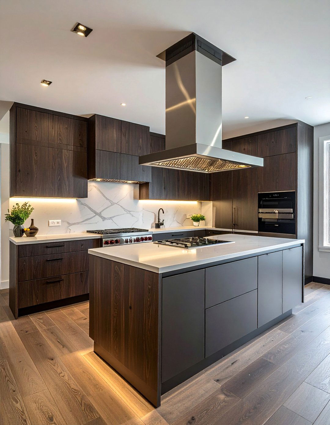 Dark Wood Kitchen Cabinets with a Matching Range Hood - 30 Dark Wood Kitchen Cabinets for a Timeless Look